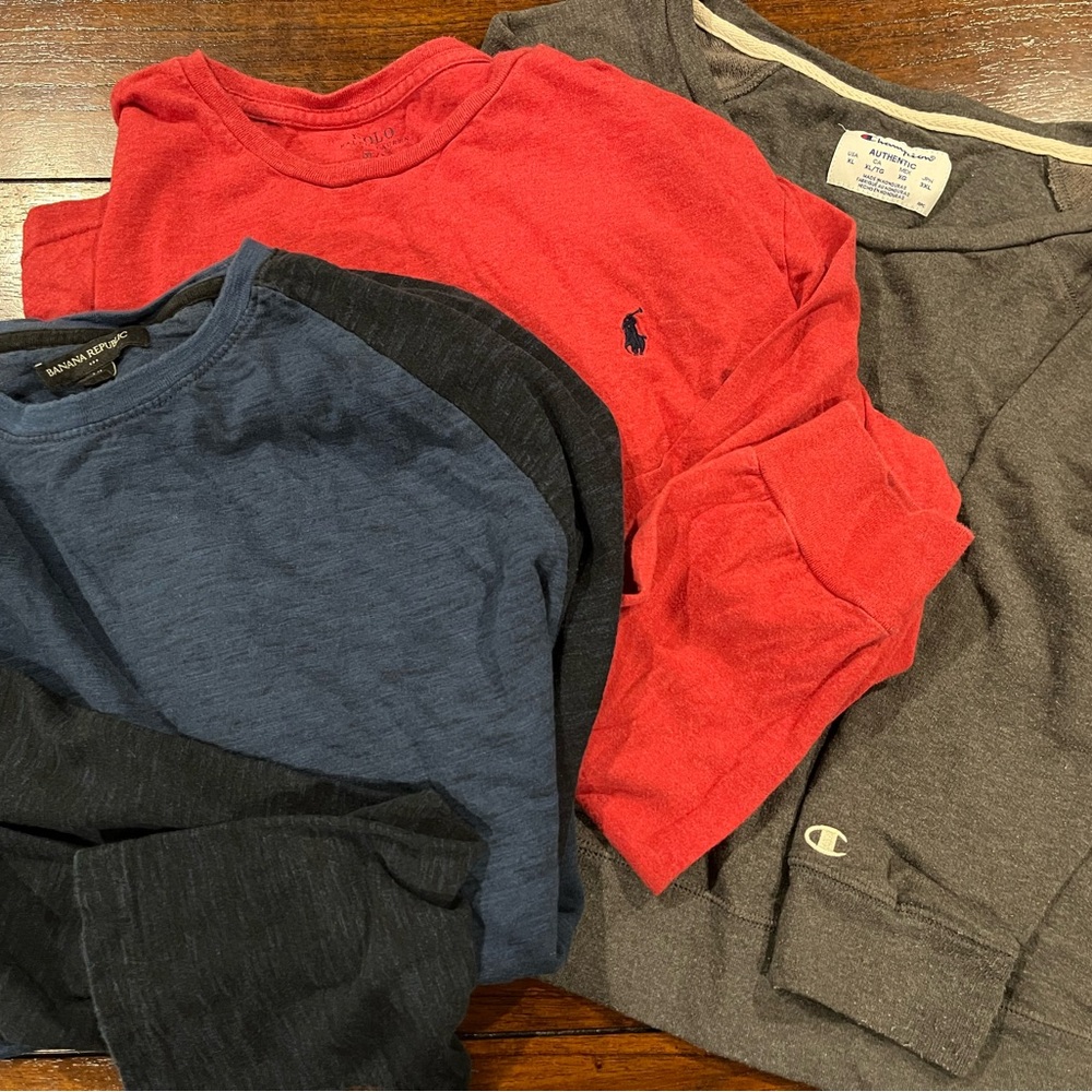 Polo Red Shirt, Blue w/ black sleeve Banana Republic & Champion Gray Bundle